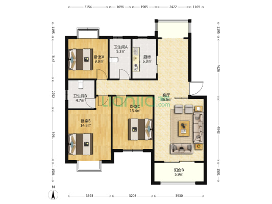 星辉湖畔 3室1厅2卫 115平方
