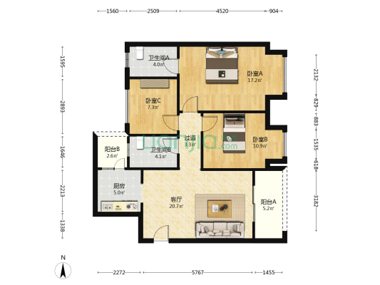 新城琅翠 3室1厅2卫 100平方
