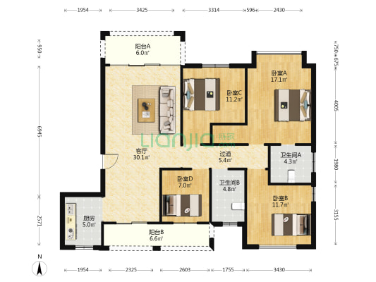 鑫鸿名苑 4室1厅2卫 139平方