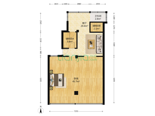 淘房楚材公寓 1室1厅1卫 92平方