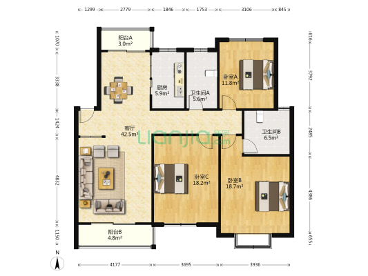 翔禾东岸 3室1厅2卫 136平方