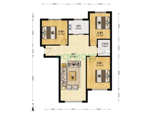 狮子城 精装 大三居 带独立防火门 满二 价格可谈-户型图