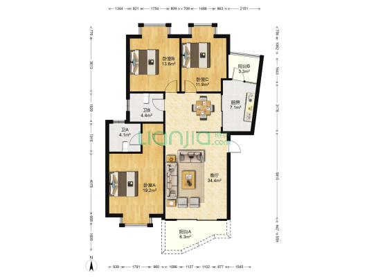 航天园 3室1厅2卫 127平方