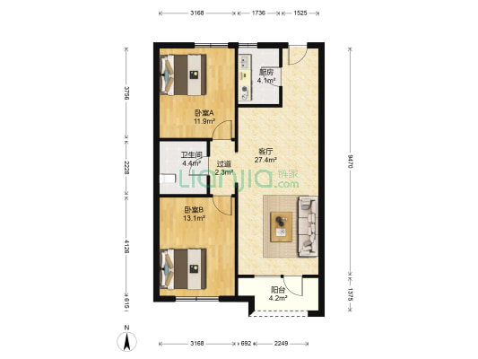 星光岛玫瑰园 2室1厅1卫 90平方