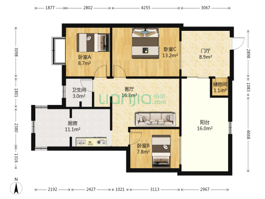 云南省建筑材料科学设计研究院 3室1厅1卫 65平方