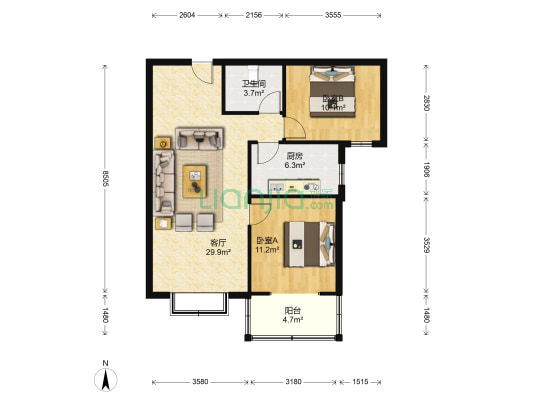 华阳路 全南2居 精装 房本满二年-户型图