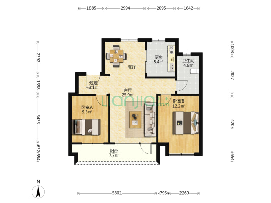 5G海韵华府 2室1厅1卫 90平方