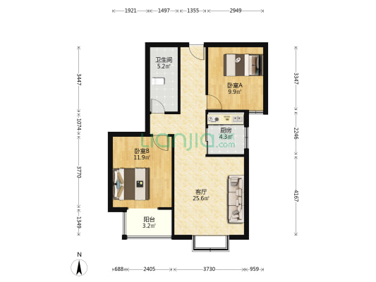 南向两居室，采光好，中高层简单装修-户型图