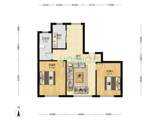 汇智环球金贸城二期 2室1厅1卫 98平方