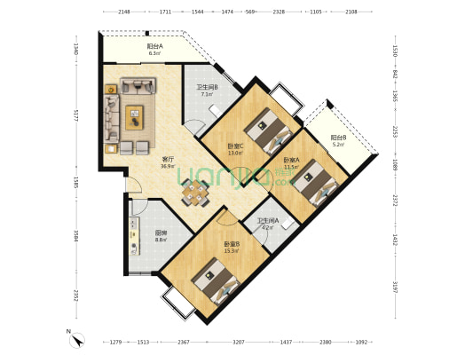 物华北苑二期 3室1厅2卫 128平方