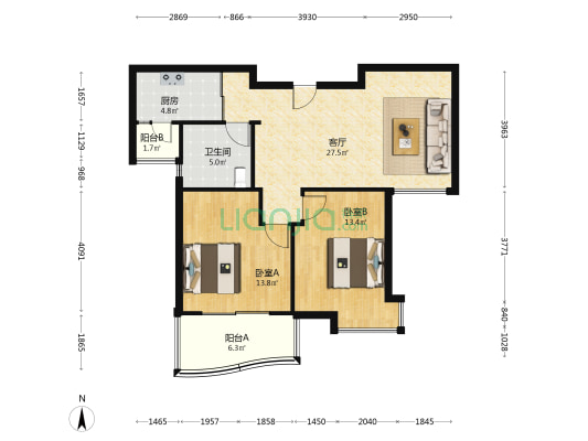银城东苑紫荆苑 2室1厅1卫 91平方