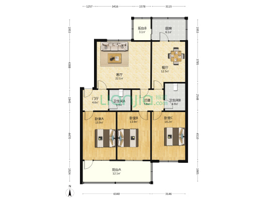 制锦市铜元局后街6号院 3室2厅2卫 141平方