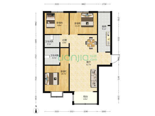 现代·海棠湾 3室1厅2卫 130平方