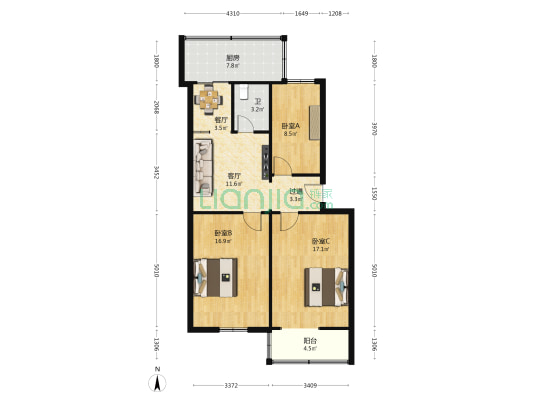 尚德路68号院 3室2厅1卫 88平方