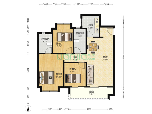 建发央誉 3室1厅2卫 107平方