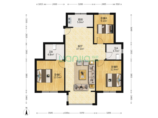 流水沟新村 3室1厅2卫 124平方