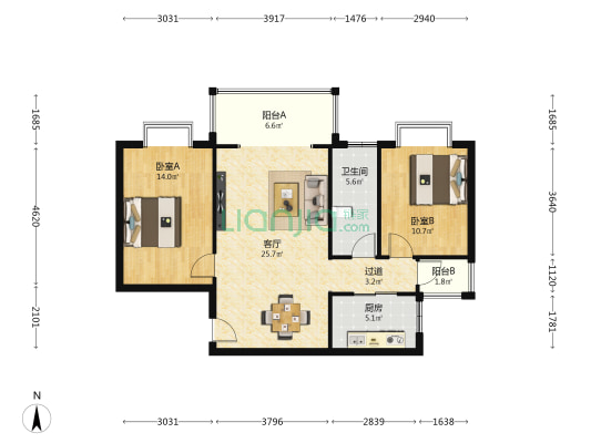 清清家园 2室1厅1卫 93平方