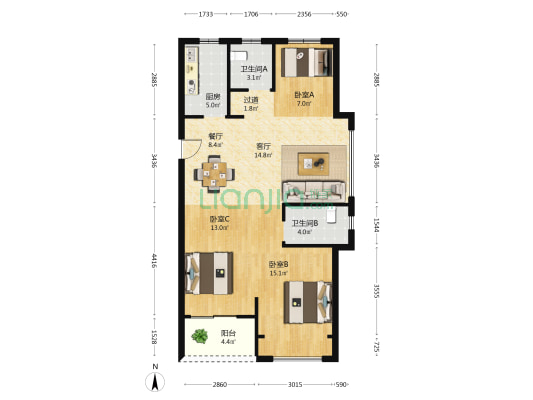 华景川融信晴芳园 3室2厅2卫 93平方