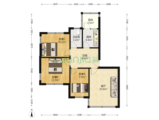 竹园小学教师住宅楼 3室1厅1卫 77平方