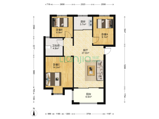 置诚公馆 3室1厅1卫 98平方