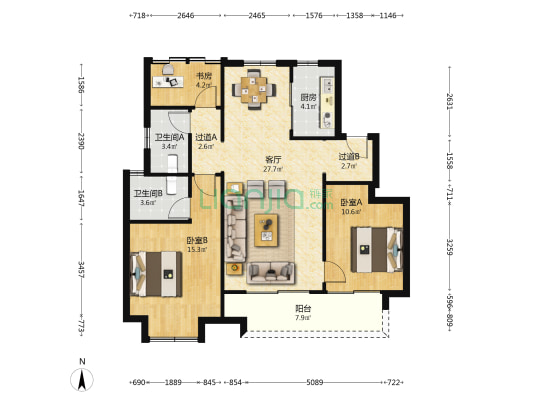 花间苑 3室1厅2卫 108平方