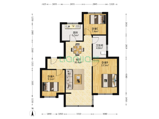 龙湖春江彼岸 3室1厅1卫 103平方