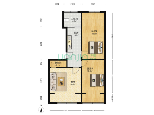 省府东街1号 2室1厅1卫 90平方