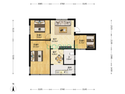 春光小区 3室2厅1卫 80平方