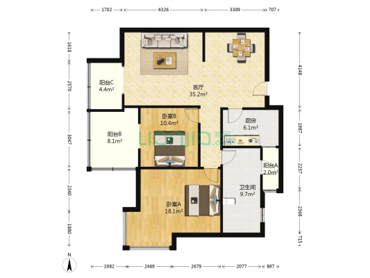 锦尚阳光 2室1厅1卫 104平方