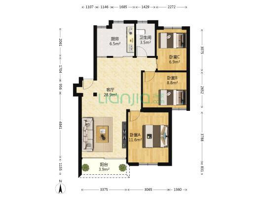 中浩吉祥花园 3室1厅1卫 90平方