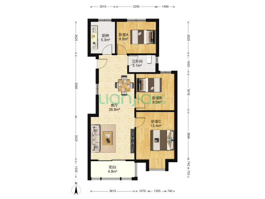 畅和家园 3室1厅1卫 94平方