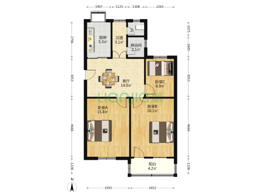 滩涂新村 3室1厅2卫 86平方