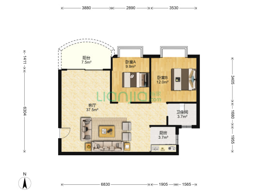 湖景花园 2室1厅1卫 92平方