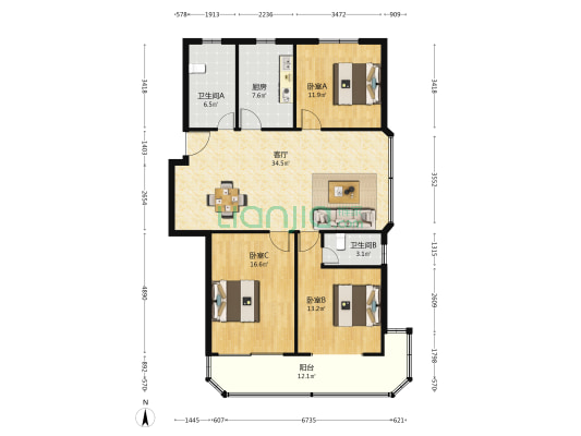洛东苑 3室1厅2卫 126平方