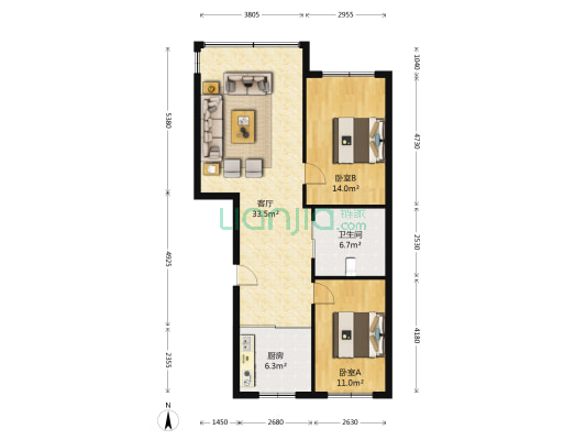 中联江景 2室1厅1卫 98平方