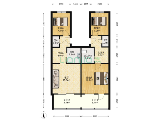 老军营北区 3室1厅3卫 97平方
