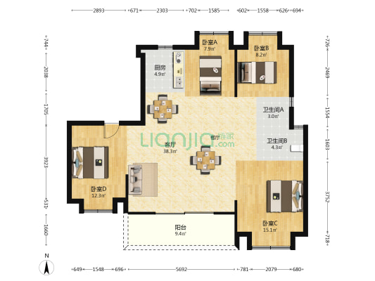 三木中梁翡丽云邸 4室1厅2卫 135平方