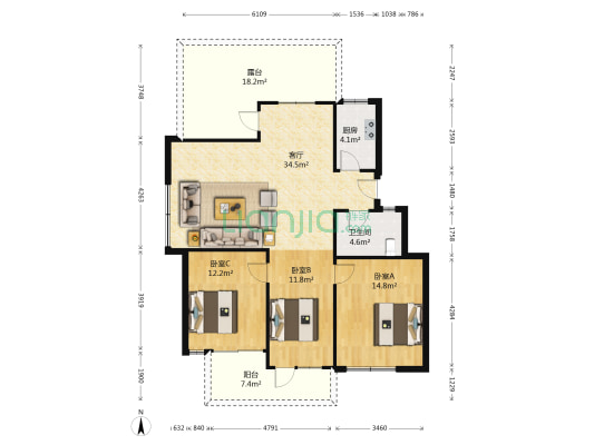 同和公寓 3室1厅1卫 98平方