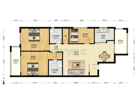 华城花苑 3室1厅2卫 132平方