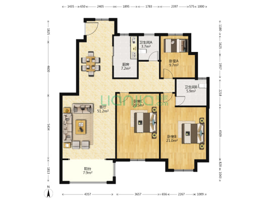 欧堡利亚悦府 3室1厅2卫 136平方
