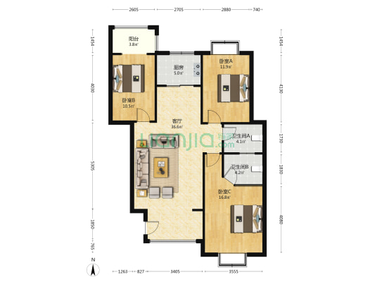 福临门名郡 3室1厅2卫 119平方