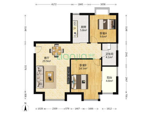 标志浪漫满屋 2室1厅1卫 89平方