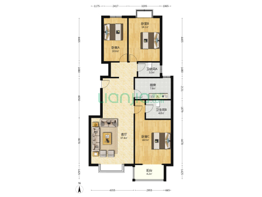 电梯洋房，一梯两户，南部通透3居，满五唯一-户型图