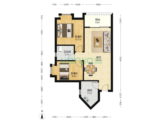 阳光明媚园 2室1厅1卫 74平方