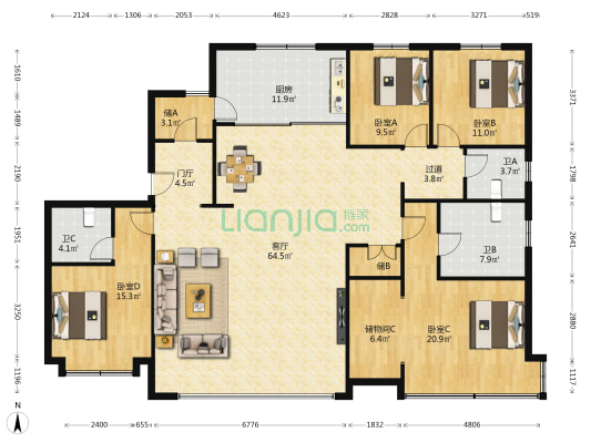 龙湖天奕 4室1厅3卫 223平方