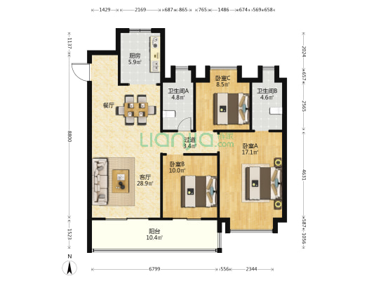 中海都汇滨江二期 3室1厅2卫 126平方
