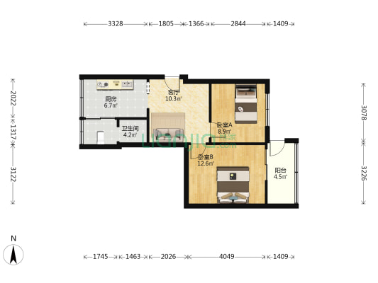 中道街36号 2室1厅1卫 54平方