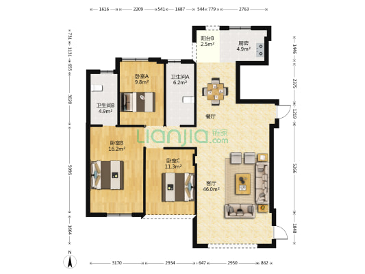 中发印象外滩 3室1厅2卫 117平方