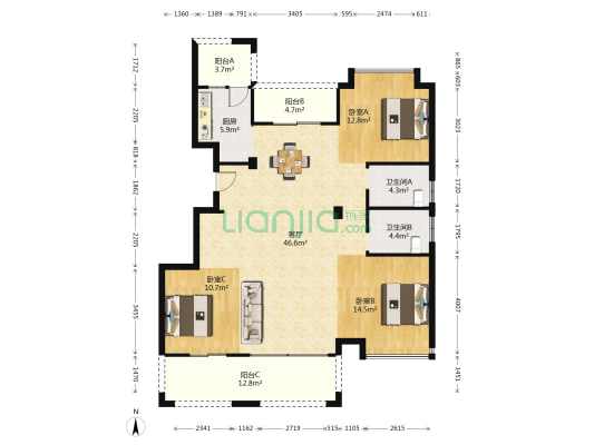 北润家园 3室1厅2卫 236平方