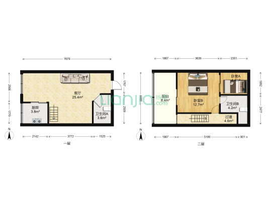 君临香格里A区 2室1厅2卫 34平方